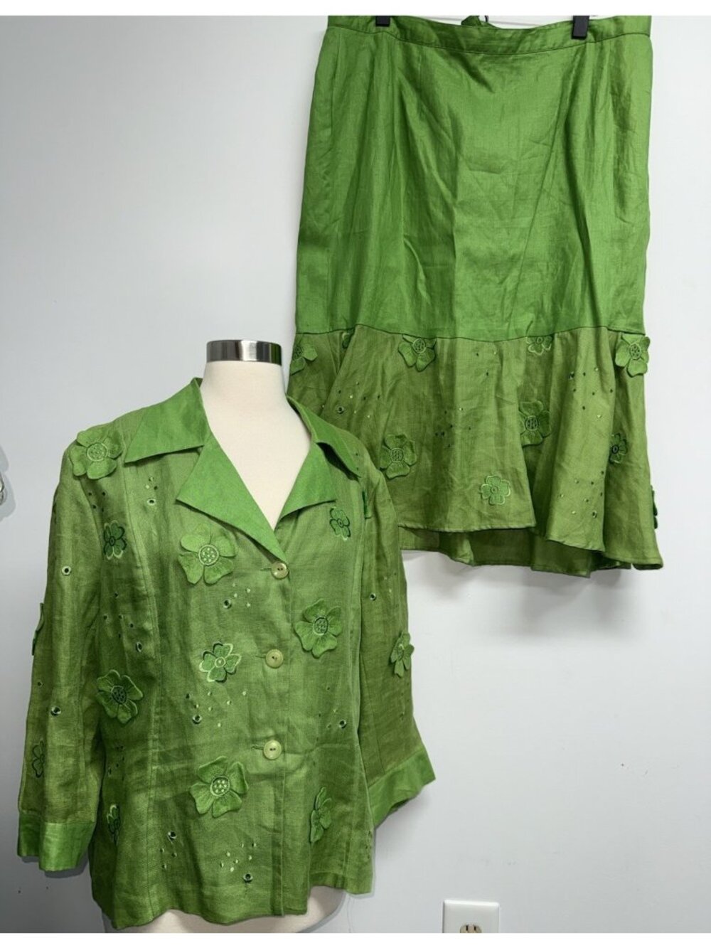 JSong Lime Green Linen 2PC Skirt Set Floral Applique Eyelet Embroidery Suit 18